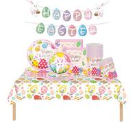 Easter Party Tableware Set 70pcs Easter Themed Party Paper Plates Napkins Tablecloth Easter Party Supplies,Colourful Easter Egg and Rabbit Table Decorations Easter Party Pack Bundle Dinner Dessert