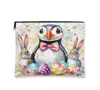 Easter Penguin Makeup Bag, Adorable Bunny and Egg Design Cosmetic Pouch for Women, Portable Canvas Zipper Organizer, Spring Holiday Travel Toiletry Bag 7x9 Inch