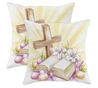 Easter Pillow Covers Set of 2, Pastel Floral Cross Throw Pillow Cases, Spring Decorative Square Home Couch Cushion Covers for Living Room Bed Sofa, Christian Faith Decor 16x16 Inch
