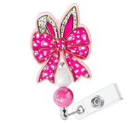 Easter Pink Bow Retractable Badge Reel Cute Bunny Ears Beaded Badge Holder with Alligator Clip Acrylic Name Card Holder for Nurse Doctor Teacher Work Accessory Mental Health Gifts