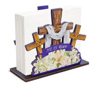 Easter Pink Napkin Holder for Table, He is Risen Easter Wooden Napkin Holder Spring Kitchen Decor Farmhouse Christian Jesus Lily Flowers Cross Tissue Dispenser for Dining Party