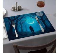 Easter Placemats A Solitary Figure Stands In A Dark, Eerie Forest Under A Swirling Crescent Moon. Dining Place Mats Spring Placemats Decorative Plates(4PCS)