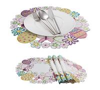 Easter Placemats Set of 4, Owenie Happy Easter Embroidered Cute Eggs Table Mats,15 Inch Round Cutwork Doilies for Tabletop Decorations with Butterflies and Floral, Colorful Spring Home Decor