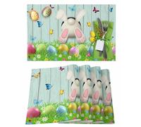 Easter Placemats Set of 6, Easter Eggs Bunny Non-Skid Place mats, Spring Rabbit Tail Ears Wood Green Table Mats, Washable Stain-Resistant Tablemats for Party/Dining Room/Kitchen Decorations