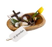 Easter Prayer Bowl - Wooden Style Cross, Religious Table Decor | Natural Rustic Faith Ornament, Decorative Resin Spiritual Centerpiece for Holiday Celebration