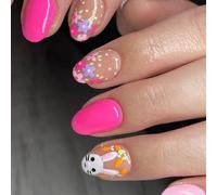 Easter Press on Nails Short Oval SWEKKE Pink Fake Nails False Nails with Designs Cute Bunny Flower Carrot Full Cover Glossy Glue on Nails Spring Stick on Nails for Women Girls 24 Pcs