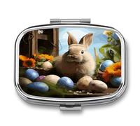 Easter Rabbit and Easter Eggs Pill Box Medicine Pill Organizer Small Pill Case Travel Pill Container Portable Pill Case for Pocket 2 Compartment Pill Holder Pill Boxes for Travel
