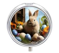 Easter Rabbit and Easter Eggs Pill Case with 3 Compartments - Portable Travel Pill Organizer for Purse, Easy-Open Button Design, Small Round Pillbox Vitamin Holder Organizer for Women Men