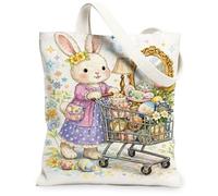 Easter Rabbit Floral Canvas Tote Bags, Cute Design Reusable Grocery Bags, Spring Vintage Lightweight Washable Shoulder Stra, White, 13x15 Inch