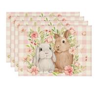 Easter Rabbit Placemat, Rabbits Happy Easter Set Of 4 Placemat, Spring Easters Egg Bunny Flowers Floral Place Mat, Linen Rustic Vintage Bunny Easters Place-mats