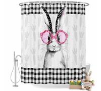 Easter Rabbit Shower Curtain for Bathroom, Pink Glasses Bunny Carrots Black White Plaid Waterproof Cloth Fabric Bathroom Accessories Set with 12 Rust Proof Plastic Hooks, 72"x84"