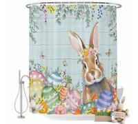 Easter Rabbit Shower Curtain for Bathroom, Watercolor Floral Bunny Colored Eggs Teal Wood Grain Waterproof Cloth Fabric Bathroom Accessories Set with 12 Rust Proof Plastic Hooks, 66"x72"