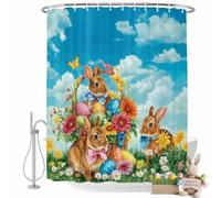 Easter Rabbits Shower Curtain for Bathroom, Country Basket Eggs Floral Bunny Grass Blue Sky Waterproof Cloth Fabric Bathroom Accessories Set with 12 Rust Proof Plastic Hooks, 72"x84"