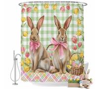 Easter Rabbits Shower Curtain for Bathroom, Spring Bowknots Bunny Floral Green Plaid Waterproof Cloth Fabric Bathroom Accessories Set with 12 Rust Proof Plastic Hooks, 66"x72"