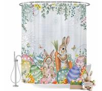 Easter Rabbits Shower Curtain for Bathroom, Spring Bunny Eggs Floral Leaf Blue Background Waterproof Cloth Fabric Bathroom Accessories Set with 12 Rust Proof Plastic Hooks, 72"x78"