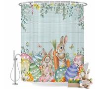 Easter Rabbits Shower Curtain for Bathroom, Spring Bunny Eggs Floral Leaf Teal Wood Grain Waterproof Cloth Fabric Bathroom Accessories Set with 12 Rust Proof Plastic Hooks, 72"x78"