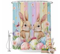 Easter Rabbits Shower Curtain for Bathroom, Spring Colored Eggs Floral Colorful Wood Grain Waterproof Cloth Fabric Bathroom Accessories Set with 12 Rust Proof Plastic Hooks, 48"x72"