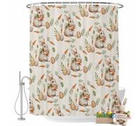 Easter Rabbits Shower Curtain for Bathroom, Spring Country Carrots Eggs Bunny Linen Texture Waterproof Cloth Fabric Bathroom Accessories Set with 12 Rust Proof Plastic Hooks, 36"x78"
