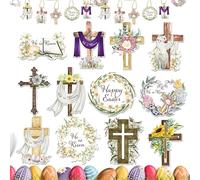 Easter Religious Ornaments Set - He Rises Wooden Cutouts, Christian Decorations for Tree, Spring Holiday Decor with Crucifixion Design, Home Party and Table Centerpiece, Small Tree Decorations
