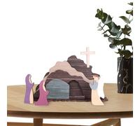 Easter Resurrection Scene Set, 7 Pieces Wooden Easter Figurines, Hand-Painted Large Display with Empty Grave Table Decoration with Compact Design, Cru Stand
