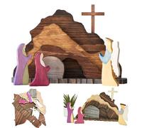 Easter Resurrection Scene Set Wooden Decorations for Home - Religious Empty Tomb Display with Cross and Risen Christ Figurines - Christian Spiritual Gifts for Tabletop Office Mantel