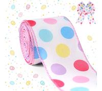 Easter Ribbon Wired Edge, Happy Easter Pastel Polka Dots Ribbon for Spring Party Decoration Hair Bow Clip Wreath Party DIY Crafts Gifts Wrapping Decor, Pink Edge, 2.5inch x 10 Yards