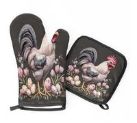 Easter Rooster Pink Eggs Oven Mitts & Pot Holders BBQ Gloves, Heat Resistant Kitchen Oven Gloves Hot Pads for Cooking Baking Grilling