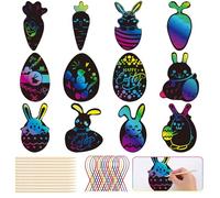 Easter Scratch Art Egg Decorations Papers 48 Pcs - Easter Crafts Rabbit Bunny Carrot Egg Rainbow Magic Scratch Painting for Kids, Essentials Easter Party Bag Fillers with 12 Wood Stylus & 48 Ribbons