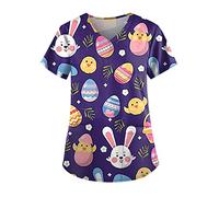 Easter Scrubs Tops for Women V Neck Short Sleeve Tunic Easter Bunny Breathable Beauty Uniform Comfy Medical Dental Blouse Hospital Work Healthcare Shirt UK