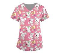 Easter Scrubs Tops for Women V Neck Short Sleeve Tunic Easter Bunny Breathable Beauty Uniform Comfy Medical Dental Blouse Hospital Work Healthcare Shirt UK
