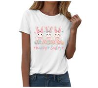 Easter Shirts for Women Rabbit Bunny Eggs Print Graphic T Shirt Happy Easter Day Short Sleeve Tee Tops White