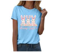 Easter Shirts for Women Rabbit Bunny Eggs Print Graphic T Shirt Happy Easter Day Short Sleeve Tee Tops Sky Blue