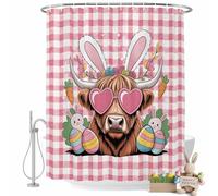 Easter Shower Curtain for Bathroom, Cartoon Rabbits Eggs Cow Floral Carrots Pink Plaid Waterproof Cloth Fabric Bathroom Accessories Set with 12 Rust Proof Plastic Hooks, 72"x84"