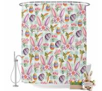 Easter Shower Curtain for Bathroom, Spring Pink Purple Rabbit Ears Eggs Carrots Floral Green Plaid Waterproof Cloth Fabric Bathroom Accessories Set with 12 Rust Proof Plastic Hooks, 66"x72"