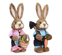 Easter Standing Bunny Figurines Set of 2, Cute Rustic Woven Straw Easter Rabbits Statue, Easter Bunny Doll Desktop Decorations for Easter Home Office Holiday Decor(#1)