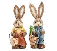 Easter Standing Bunny Figurines Set of 2, Cute Rustic Woven Straw Easter Rabbits Statue, Easter Bunny Doll Desktop Decorations for Easter Home Office Holiday Decor(#1)