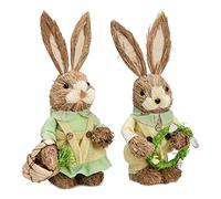 Easter Standing Bunny Figurines Set of 2, Cute Rustic Woven Straw Easter Rabbits Statue, Easter Bunny Doll Desktop Decorations for Easter Home Office Holiday Decor(#1)