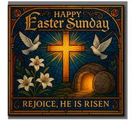 Easter Sunday Card - Stained Glass Cross, Empty Tomb, Doves & Lilies - 'Rejoice, He Is Risen' Christian Religious Greeting