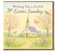 Easter Sunday Card - Wishing You a Joyful Easter Sunday - Church and Spring Flowers Illustration with Birds and Butterflies - Religious Christian Greeting Card