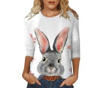 Easter T Shirts for Women Summer Tops Round Neck Three Quarter Sleeve Easter Shirts for Women Happy Easter Bunny T Shirt Rabbit Graphic Floral Print Blouse Rabbit Tops for Women (Grey, XL)