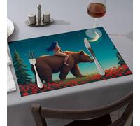 Easter Table Decorations A Woman Rides A Bear Through A Field Of Red Flowers Under A Crescent Moon. Dining Place Mats Tablecloth Table Cloth(6PCS)