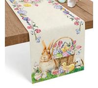 Easter Table Runner,Floral Tablecloth with Rabbit Bunny Flower Design 33x183cm,Spring Easter Eggs Bunny Rabbits Dining Linen Table Cloth Decor for Kitchen Party Placemats Home Decorations Family