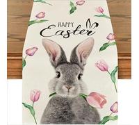 Easter Table Runner, Linen Easter Bunny Table Runner, Spring Floral Tablecloth, Seasonal Holiday Dining Table Decor, Easter Egg Decoration for Kitchen, Home, Party, Indoor Outdoor, 72x14 Inch