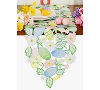 Easter Table Runner Spring Bunnies Eggs Flowery Table Runner Cutwork Embroidered Floral and Bunnies Eggs Dresser Scarf Table Topper Home Kitchen Dining Tabletop Decoration (Runner 13"×68", Egg-3)