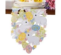 Easter Table Runner Spring Bunnys Flowery Table Runner Cutwork Embroidered Floral and Bunnys Dresser Scarf Table Topper Home Kitchen Dining Tabletop Decoration (Runner 13"×68", Bunny)
