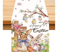 Easter Table Runners for Dining Table - Happy Easter Spring Table Decorations Flower Rabbits Eggs Cross Bunny Design Home Kitchen Dining Decor 183x33cm