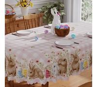 Easter Tablecloth 60 x 84 Inch Oval, Easter Decorations for Home Easter Decor Happy Easter Bunny Table Cover Seasonal Spring Scallop Edge Table Cloth Table Decorations