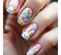 Easter Themed Short Square Press Nails with Colorful Flower Doodles and Bunnies Designs for Holiday Parties Festive Short Square Artificial Nails Decorated with Bunnies Motifs and Bright Flowers