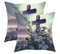 Easter Throw Pillow Covers Set of 2 Lily Floral Cross holy Jesus Christian Wild Grass Sky Religious Gray Pink Soft Velvet Washable Cushion Indoor Bedroom Room Home Pillow Cases 18x18inch