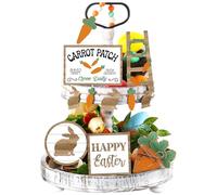Easter Tiered Tray Decorations Set,13Pcs Wooden Happy Easter Rustic Farmhouse Tiered Tray Decor Spring Easter Bunny Carrot Patch Home Tabletop Signs Ornaments For Easter Table Kitchen Shelf Holiday